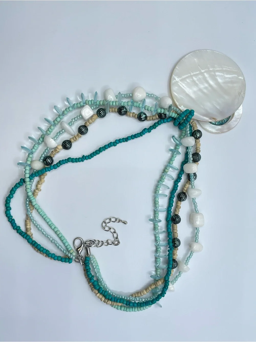 Mother Of Pearl Disc Multi Strand Beaded Beach Statement Necklace Boho Bold